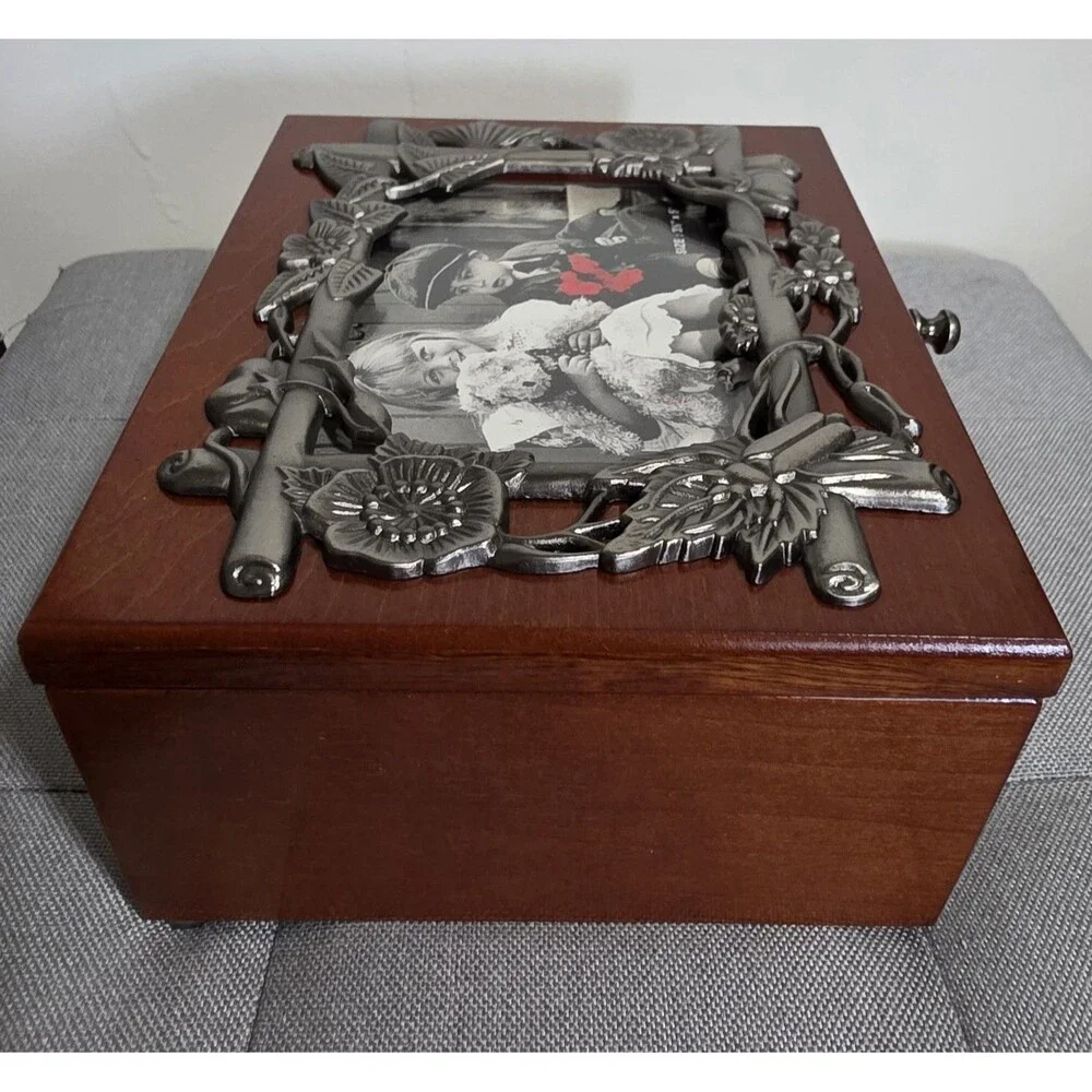 New Vintage Jewelry Box Velvet Lined Tray Ornate Pewter Photo Frame & Mirror NiB